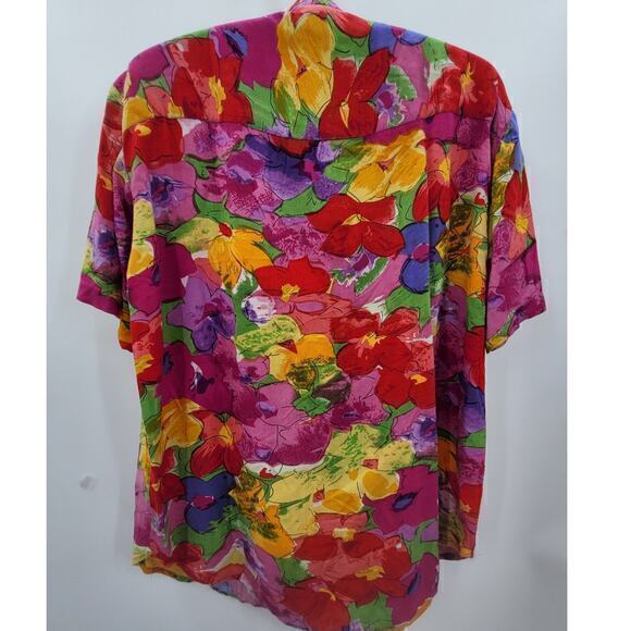 Sasson Pink Red Floral Beaded Short Sleeve Vintage Button Up Blouse Top - Picture 3 of 12